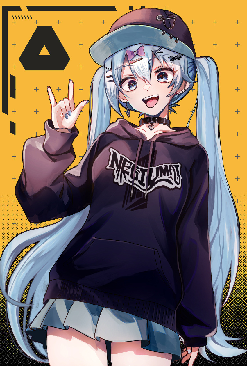 1girl \m/ absurdres baseball_cap blue_eyes blue_hair bow choker clothes_writing collar cowboy_shot ear_piercing earrings fang hair_bow hair_ornament hairclip hat hatsune_miku highres hood hoodie jewelry kuro-ko long_hair long_sleeves looking_at_viewer miniskirt nail_polish open_mouth pendant_choker pierced_hat piercing pleated_skirt safety_pin skirt smile solo tongue tongue_out twintails very_long_hair vocaloid yellow_background