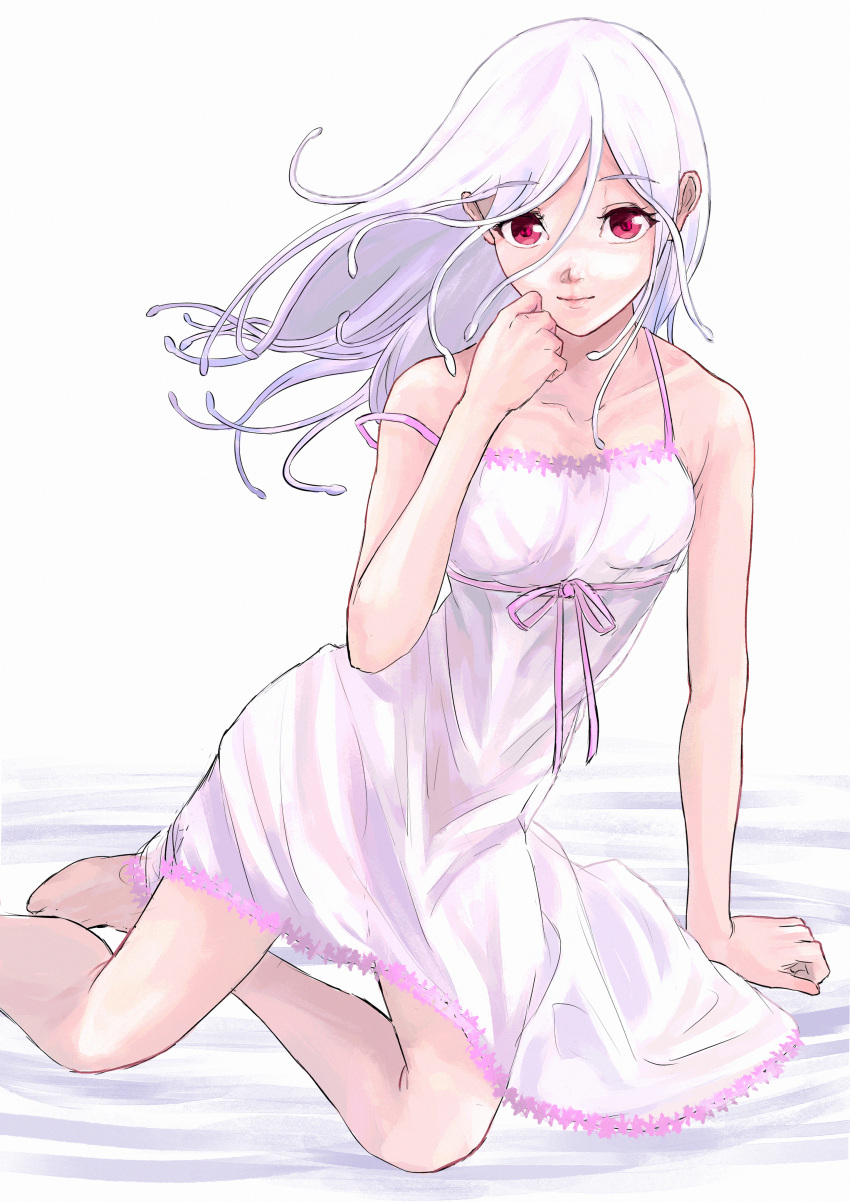 1girl absurdres arm_support bare_shoulders barefoot bed_sheet bow breasts closed_mouth collarbone commentary curled_fingers dress dress_bow dress_ribbon eyelashes hand_on_own_face highres light_smile lips living_hair long_hair looking_at_viewer monogatari_(series) nightgown on_bed pink_bow pink_ribbon red_eyes ribbon sengoku_nadeko short_dress sitting sleeveless sleeveless_dress small_breasts smile snake_hair solo spaghetti_strap spoilers strap_slip takamiya2222 white_background white_dress white_hair white_nightgown yokozuwari