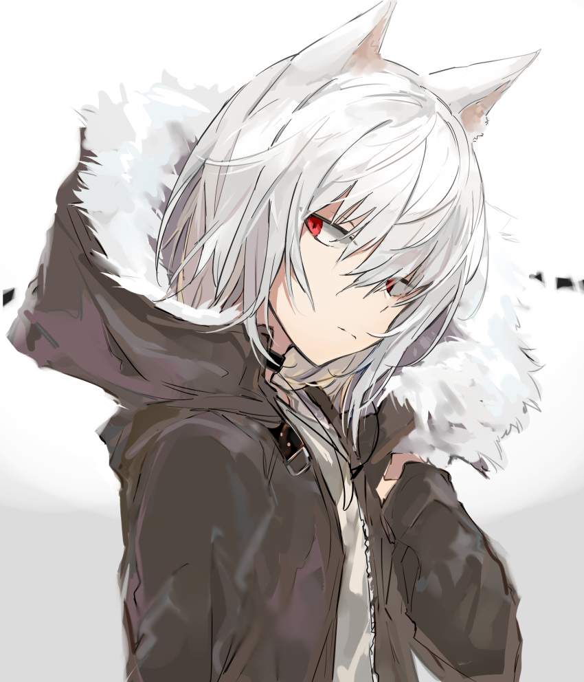 1boy accelerator_(toaru_majutsu_no_index) animal_ears anninn_do_fu closed_mouth commentary_request electrodes fur-trimmed_hood fur_trim hand_up highres hood hooded_jacket jacket long_sleeves male_focus medium_hair open_clothes open_jacket red_eyes sideways_glance solo toaru_majutsu_no_index upper_body white_hair