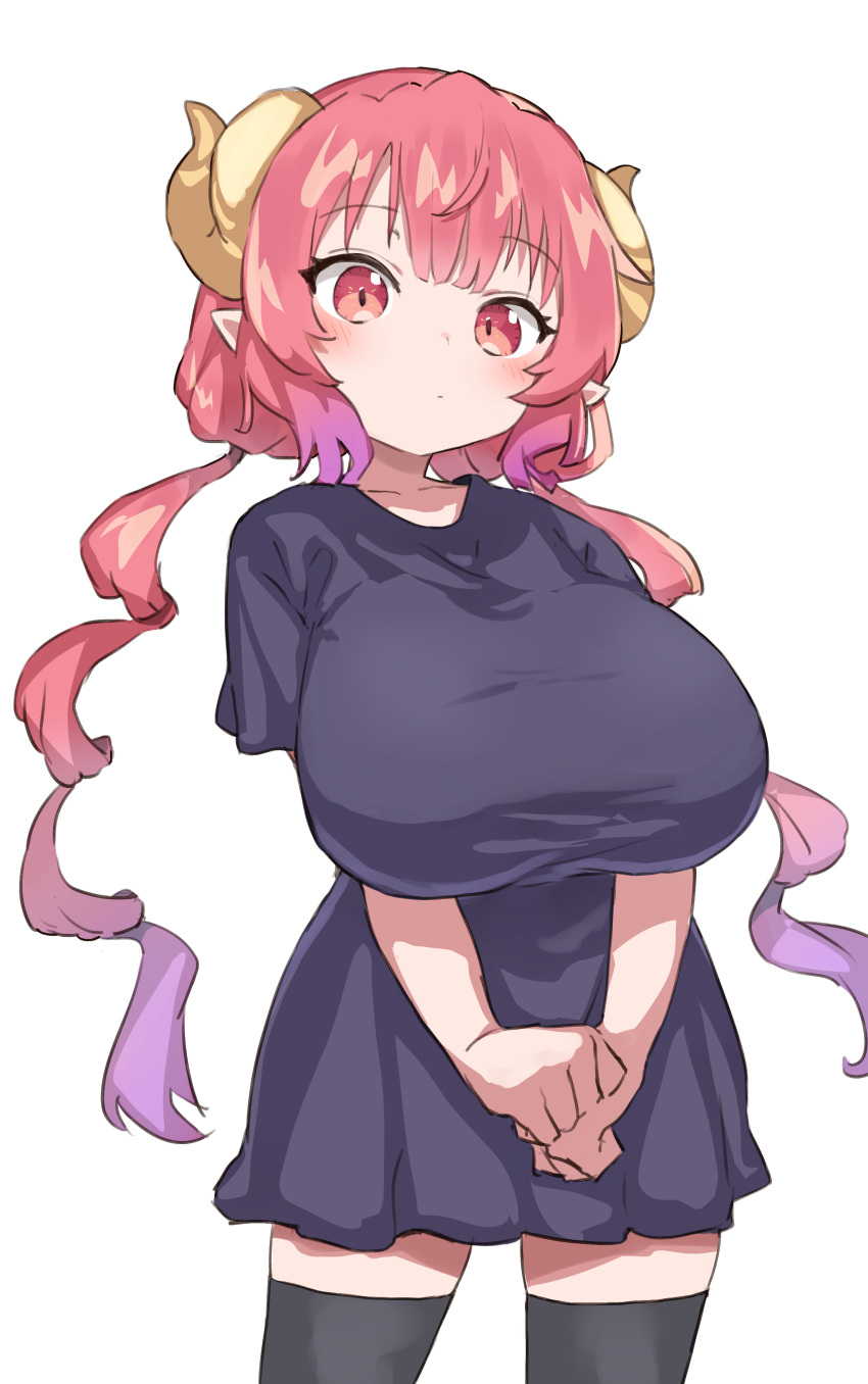 1girl absurdres black_shirt black_thighhighs breasts clenched_hand cowboy_shot dot_mouth dragon_girl dragon_horns expressionless gazacy_(dai) highres horns huge_breasts ilulu_(maidragon) impossible_clothes kobayashi-san_chi_no_maidragon long_hair looking_at_viewer own_hands_together pink_hair pointy_ears red_eyes red_hair shirt shortstack simple_background slit_pupils solo standing thighhighs twintails white_background