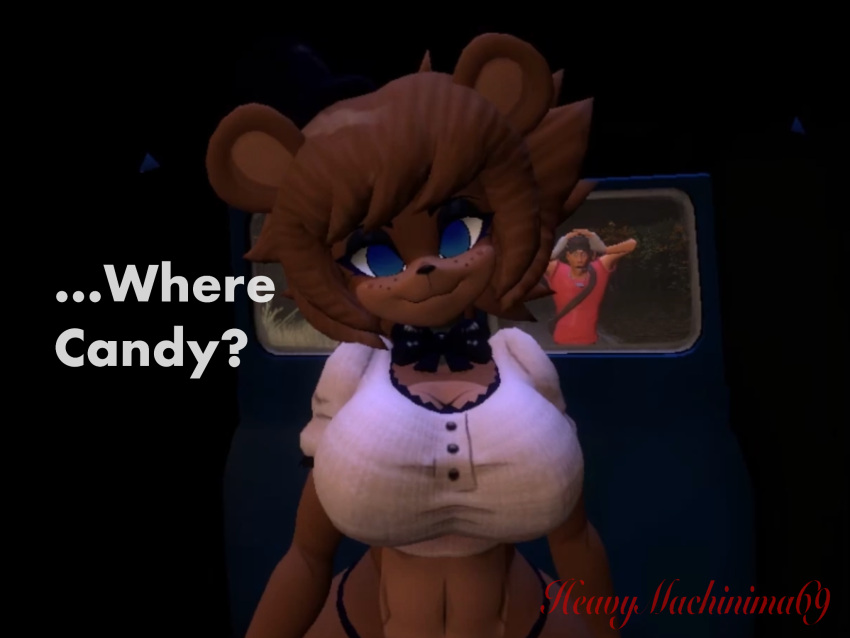 3d_(artwork) anthro bear blue_eyes bow_tie breasts cleavage clothed clothing digital_media_(artwork) distressed female five_nights_at_freddy's freckles freddy_(fnaf) fredina's_nightclub fredina_(cally3d) garry's_mod hat headgear headwear heavymachinima69 hi_res human inside_vehicle kidnapping male mammal medium_truck night oblivious question_mark red_clothing red_shirt red_topwear scottgames scout_(team_fortress_2) shirt smile team_fortress_2 text top_hat topwear truck_(vehicle) valve van vehicle