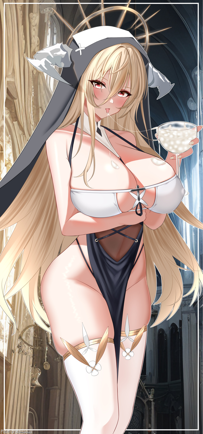 1girl absurdres arm_under_breasts azur_lane blonde_hair breast_cutout breasts cathedral cleavage covered_nipples cowboy_shot cum_in_container cum_in_cup cup fake_horns framed_breasts gold_trim hair_between_eyes halo highres holding holding_cup horns huanyi_huanhuanzi huge_breasts implacable_(azur_lane) indoors long_hair looking_at_viewer mechanical_halo nun open_mouth red_eyes revealing_clothes see-through skindentation solo standing thighhighs very_long_hair white_horns white_thighhighs