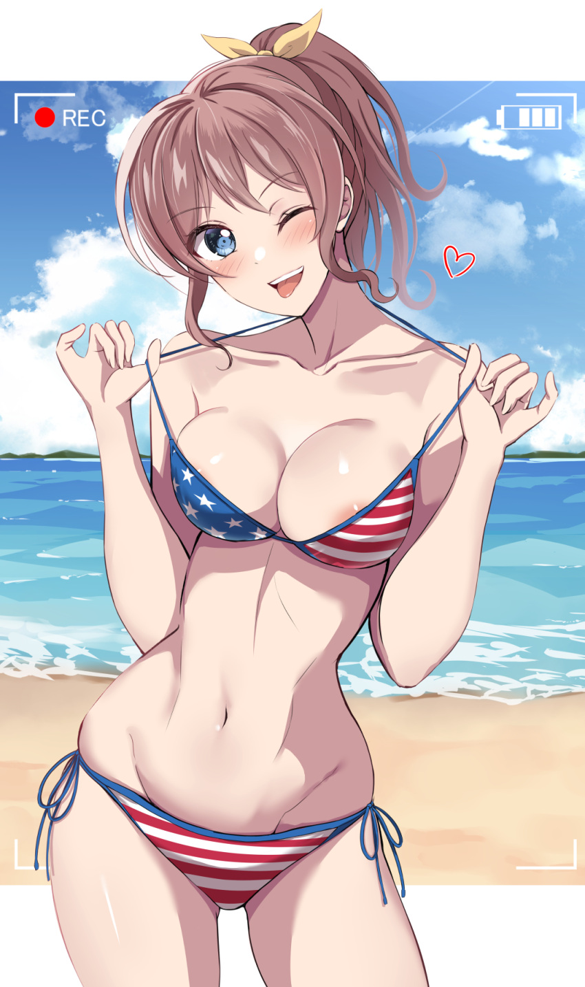 1girl american_flag_bikini aranami_shibuki bang_dream! beach bikini blue_eyes blue_sky breasts brown_hair cleavage cloud day flag_print groin hair_ribbon highres horizon large_breasts ocean one_eye_closed outdoors ponytail recording ribbon side-tie_bikini_bottom sky solo swimsuit viewfinder yamabuki_saya yellow_ribbon