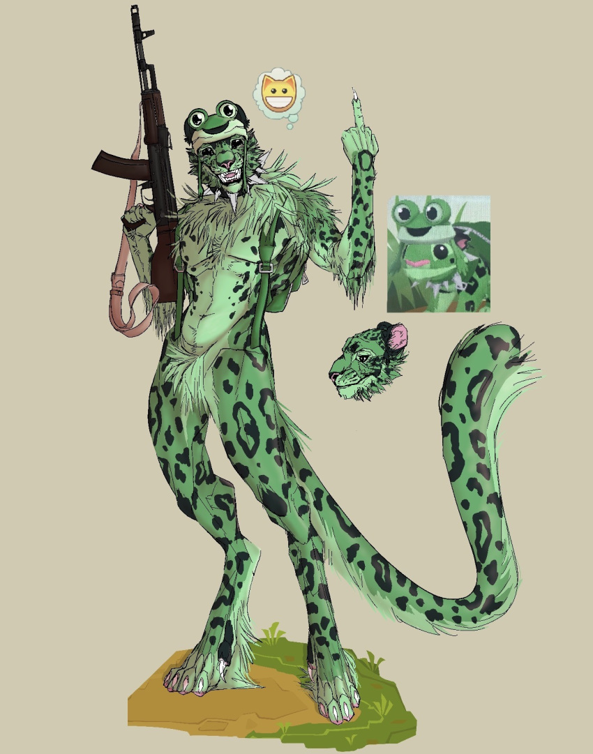 ambiguous_gender animal_jam ankle_tuft anthro arm_tuft armor chest_tuft clawed_fingers claws collar crotch_tuft elbow_tuft emoji fan_character fangs felid fur gesture gun headgear helmet hi_res hindpaw leg_tuft mammal middle_finger mothericecloud pantherine paws ranged_weapon rifle snow_leopard solo spiked_collar spikes spots spotted_body spotted_fur teeth thought_bubble toe_claws tuft weapon wildworks