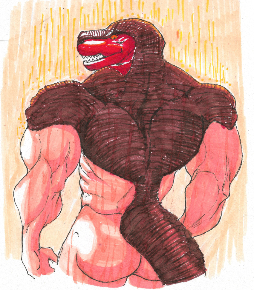 absurd_res anthro barazoku biceps butt dinosaur hi_res human king_of_dinosaurs looking_at_viewer male male/male mammal mask muscular muscular_male nude pinumontbalou rear_view reptile scalie shower smile solo tail teeth traditional_media_(artwork) wet wet_body yellow_eyes