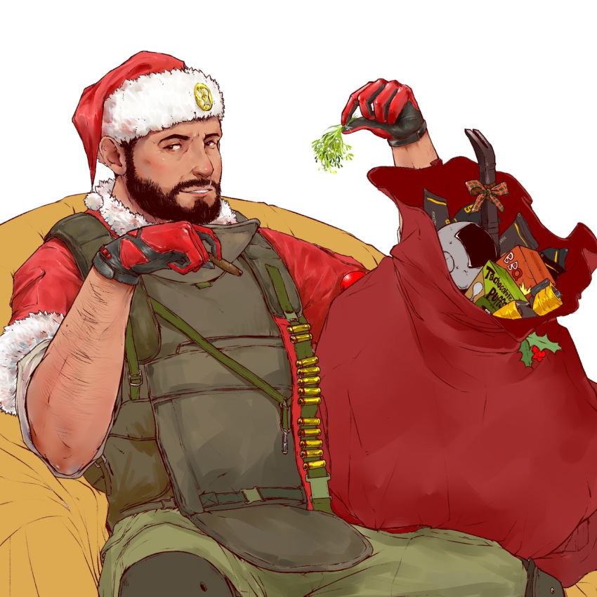 1boy arm_hair bara beard blush bulletproof_vest character_request couch dark-skinned_male dark_skin facial_hair feet_out_of_frame gift_bag gloves hat highres looking_at_viewer male_focus mature_male on_couch rainbow_six_siege red_gloves santa_hat saury_dog short_hair sitting smile solo