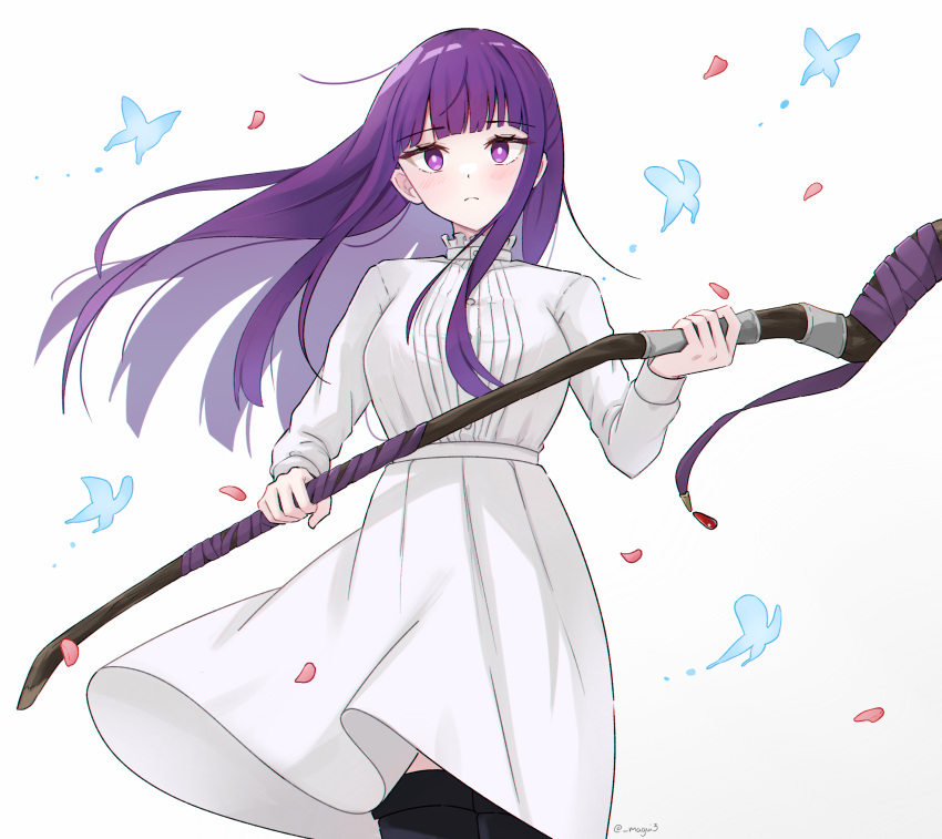 1girl blunt_bangs boots breasts closed_mouth collar dress english_commentary falling_petals fern_(sousou_no_frieren) frilled_collar frills highres holding holding_staff large_breasts long_dress long_hair long_sleeves looking_at_viewer mage_staff magui3 petals purple_eyes purple_hair sidelocks simple_background solo sousou_no_frieren staff straight_hair white_background white_dress