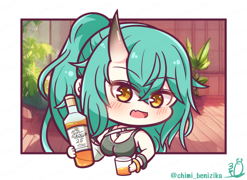 1girl :d absurdres arknights bangle bare_shoulders benizika blush bottle bracelet breasts brown_eyes chibi cleavage cup drink drinking_glass fang green_hair hair_between_eyes highres holding holding_bottle holding_cup horns hoshiguma_(arknights) jewelry large_breasts looking_at_viewer plant ponytail potted_plant signature single_horn smile solo twitter_username upper_body wooden_floor