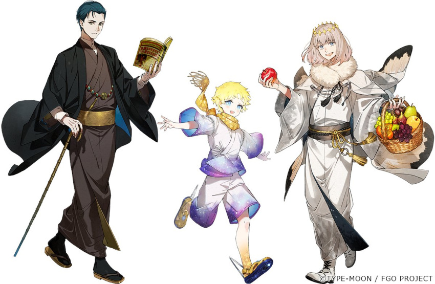 3boys :d apple basket black_hair black_jacket black_socks blonde_hair blue_eyes book boots bright_pupils brown_kimono cane chestnut child closed_mouth colored_skin copyright cross-laced_footwear crown dress_shirt fate/grand_order fate_(series) fig food fruit full_body fur_scarf gradient_clothes gradient_skin grapes green_eyes grey_hair hair_slicked_back haori holding holding_basket holding_book holding_cane holding_food holding_fruit jacket jacket_on_shoulders japanese_clothes jinbei_(clothes) kaworu_(kaw_lov) kimono lace-up_boots long_sleeves looking_at_viewer male_focus medium_hair multicolored_skin multiple_boys oberon_(fate) official_art open_book outstretched_arms parted_bangs pear persimmon rope_belt running sandals sash scarf sherlock_holmes_(fate) shirt short_hair simple_background smile socks spread_arms starry_sky_print tabi tassel two-tone_skin voyager_(fate) walking white_background white_footwear white_jacket white_kimono white_pupils white_shirt wispy_bangs yellow_scarf yellow_skin zouri