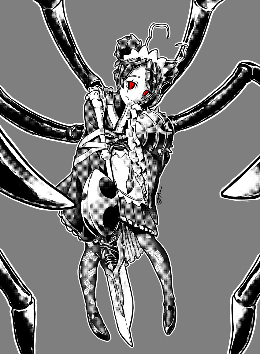 1girl antennae apron arthropod_girl arthropod_limbs closed_mouth commentary double_bun english_commentary entoma_vasilissa_zeta extra_legs extra_pupils fangs full_body grey_background greyscale hair_bun hand_to_own_face highres holding holding_shield holding_sword holding_weapon japanese_clothes kimono looking_at_viewer maid maid_headdress mary_janes monochrome monster_girl ofuda ofuda_on_clothes overlord_(maruyama) qtini red_eyes screentones shield shoes short_hair signature simple_background skin_fangs sleeves_past_wrists solo sword weapon wide_sleeves