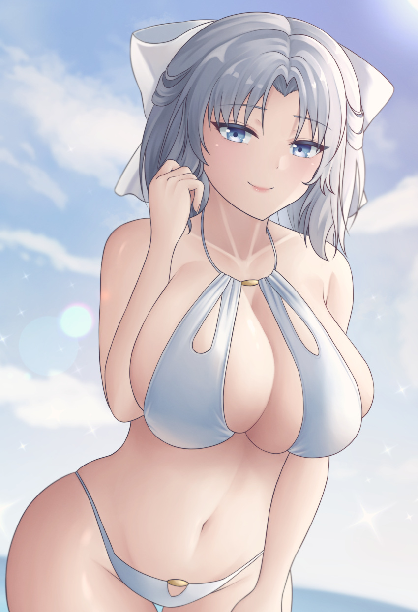 1girl absurdres azur_lane bikini blue_eyes bow breasts cleavage cowboy_shot grey_bikini grey_hair hair_bow highres huge_breasts leaning_forward looking_at_viewer medium_hair navel official_alternate_costume pumpkinpaii senran_kagura solo swimsuit white_bow yumi_(afternoon_teatime)_(senran_kagura) yumi_(senran_kagura)