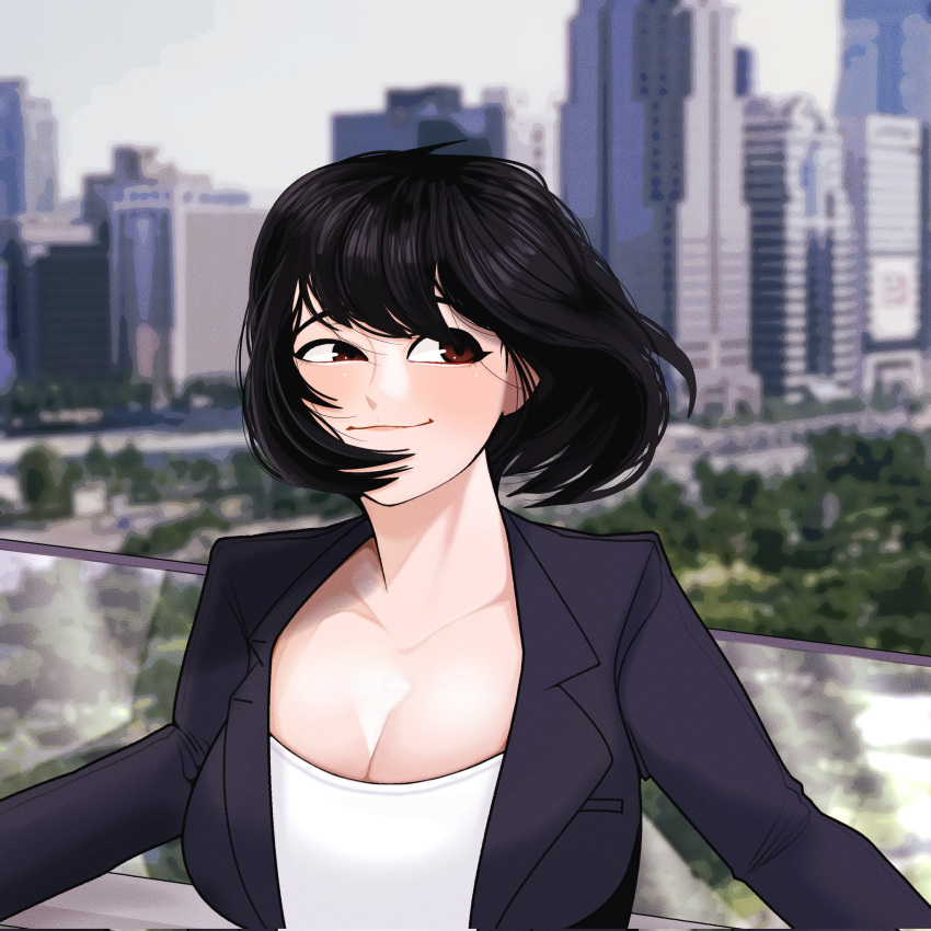 1girl black_hair black_jacket breasts brown_eyes building city cleavage closed_mouth day double_biub glass_wall highres jacket large_breasts medium_hair original outdoors shirt sky smile solo suit_jacket upper_body white_shirt