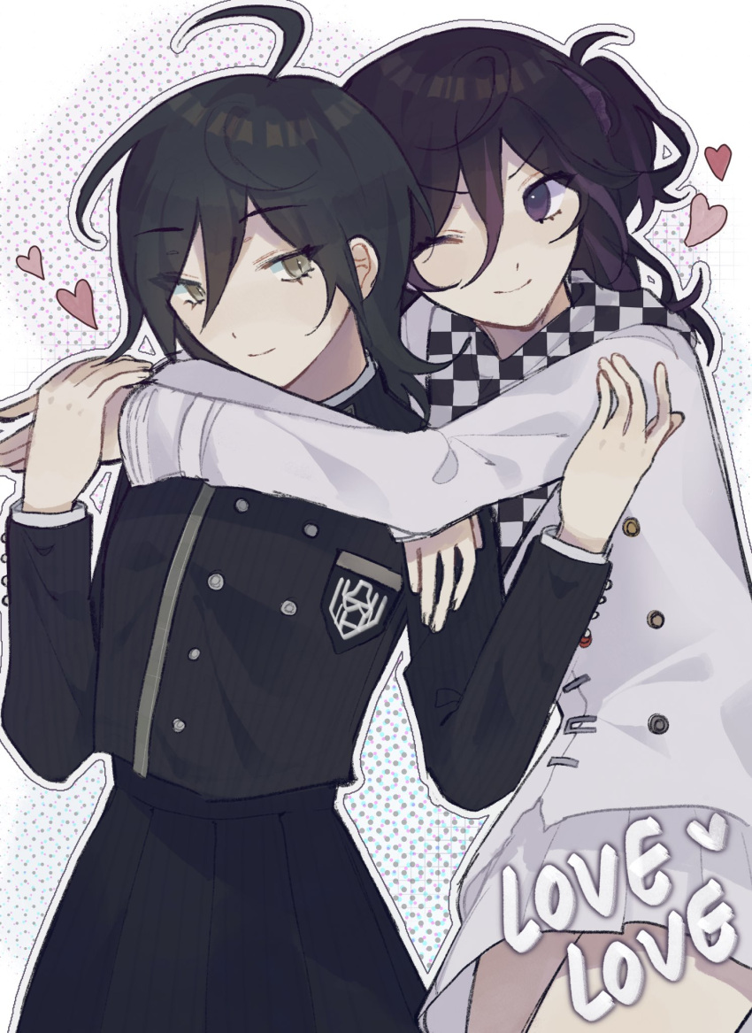 2girls ;) ahoge black_hair black_jacket black_skirt breast_pocket brown_eyes brown_hair buttons danganronpa_(series) danganronpa_v3:_killing_harmony double-breasted genderswap genderswap_(mtf) grey_jacket hair_between_eyes hair_ornament hair_scrunchie heart highres hug hug_from_behind jacket long_hair long_sleeves miniskirt multiple_girls oma_kokichi one_eye_closed pocket purple_scrunchie saihara_shuichi scrunchie side_ponytail skirt smile striped striped_jacket striped_skirt white_background white_skirt xin_ci yuri