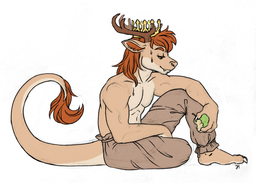abs absurd_res anthro antlers apple athletic athletic_male barefoot biceps bodily_fluids bottomwear calisthenics claws clothing crown dragon eating fangs feet food fruit headgear hi_res horn kantachibli male mane medieval medieval_clothing muscular muscular_male pants pants_only plant prince prince_borgon royalty satisfied shirtless sketch smile solo sweat tail tail_tuft teeth training tuft