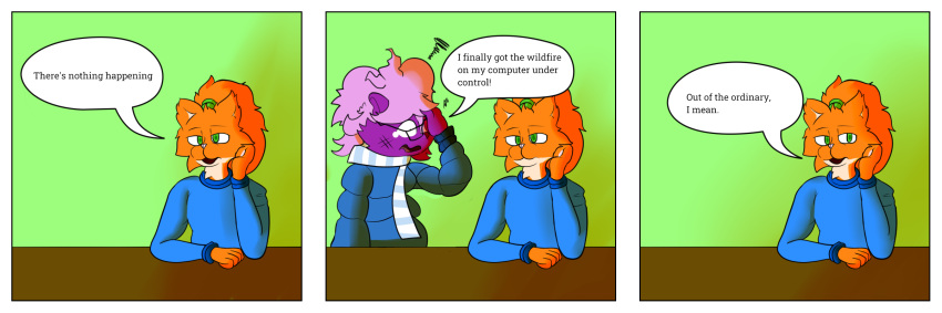 accessory ahoge anthro blue_clothing blue_shirt blue_topwear bodily_fluids chazster clothing comic crying domestic_cat duo eyewear felid feline felis fur garfield_(series) glasses green_eyes green_headband hair headband hi_res humor long_hair male mammal meme mephitid messy_hair orange_body orange_fur pink_hair puffy_jacket purple_body purple_fur residays scarf shirt skunk speech_bubble swampy157 tears topwear