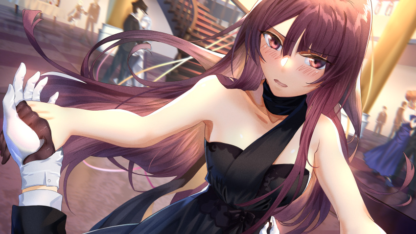 1girl absurdres bare_shoulders black_bow black_dress black_gloves black_scarf blurry blurry_background blush bow collarbone commentary dancing dress english_commentary film_grain formal girls'_frontline gloves hair_between_eyes half_gloves highres indoors long_hair long_sleeves looking_at_viewer motion_blur open_mouth people pov purple_hair red_eyes scarf shidoni sidelocks strapless strapless_dress upper_body wa2000_(girls'_frontline) white_gloves