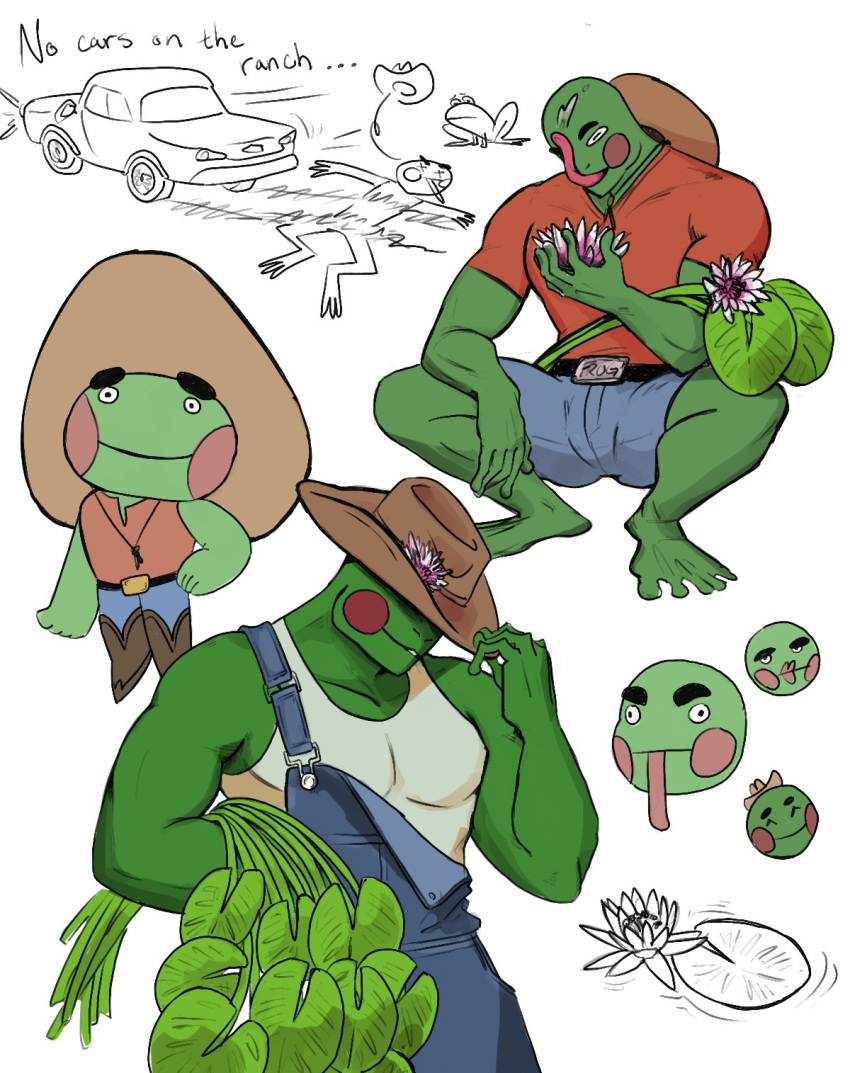 amphibian anthro bald bottomwear car clothed clothing cowboy_hat drawfee_(copyright) english_text frog fully_clothed green_body green_skin hat headgear headwear hi_res itskatieclearly lily_pad male muscular pants plant ribbit_ranger shirt solo text topwear vehicle