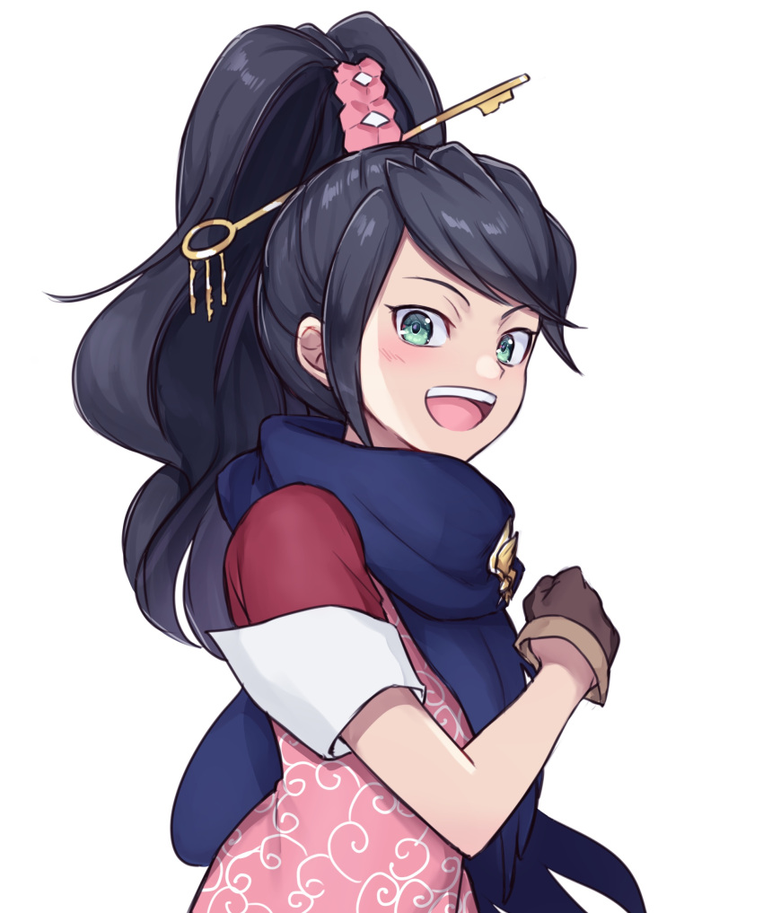 1girl :d absurdres ace_attorney ace_attorney_investigations black_hair blue_scarf brown_gloves gloves green_eyes haniwa_(8241427) high_ponytail highres karakusa_(pattern) kay_faraday key_hair_ornament looking_at_viewer open_mouth ponytail scarf shirt short_sleeves smile solo teeth upper_body upper_teeth_only white_background