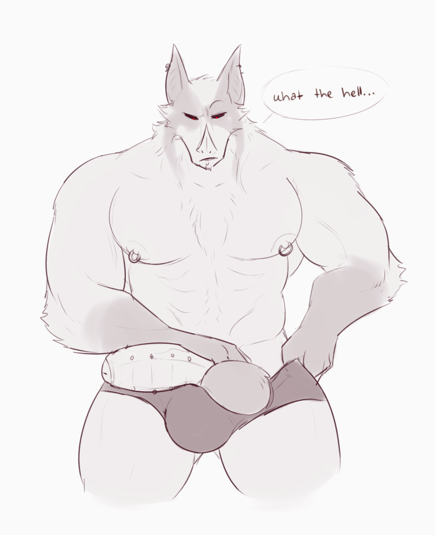 anthro balls bat big_balls big_penis bottomwear clothing dhalo_(himeros) ear_piercing facial_piercing genitals hi_res himerosthegod ladder_piercing lip_piercing male mammal nipple_piercing nipples penis piercing red_eyes shorts simple_background sketch solo speech_bubble too_big