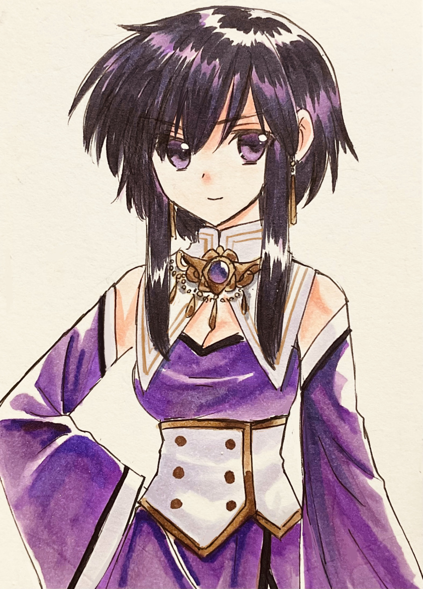1girl 74 alternate_costume bare_shoulders black_hair breasts cleavage detached_sleeves dress earrings fire_emblem fire_emblem:_genealogy_of_the_holy_war followers_favorite_challenge gem highres jewelry larcei_(fire_emblem) multiple_drawing_challenge necklace purple_eyes purple_gemstone smile tomboy white_background