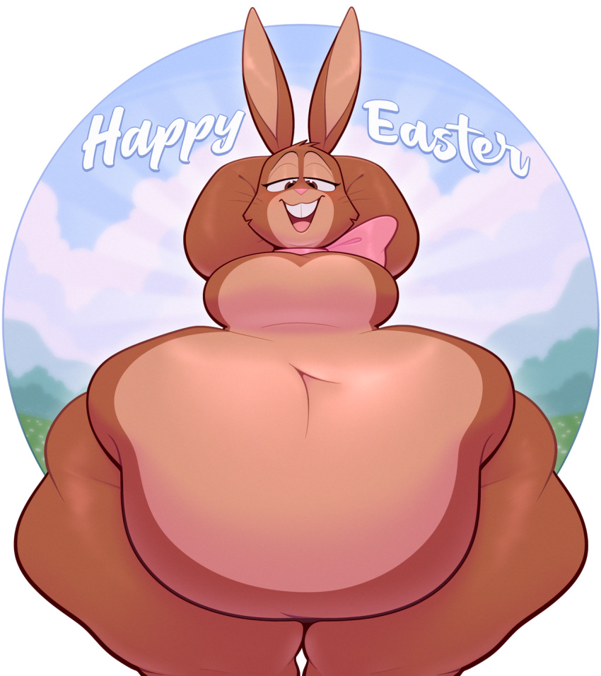 2022 anthro belly big_belly big_breasts breasts brown_body brown_fur cadbury cadbury_bunny colored digital_drawing_(artwork) digital_media_(artwork) easter english_text female fur hi_res holidays lagomorph leporid looking_at_viewer mammal mascot narrowed_eyes navel nude overweight overweight_anthro overweight_female rabbit ribbons ridiculouscake smile solo text thick_thighs wide_hips