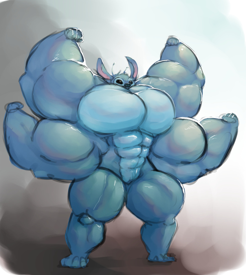 2023 4_arms 4_toes abs alien anthro biceps big_muscles biped black_eyes blue_body blue_fur blue_nose disney experiment_(lilo_and_stitch) featureless_chest featureless_crotch feet flexing fur head_tuft hi_res huge_muscles hyper hyper_muscles hyper_pecs lilo_and_stitch male multi_arm multi_limb muscular pecs silentsnipermoru solo stitch_(lilo_and_stitch) thick_thighs toes tuft