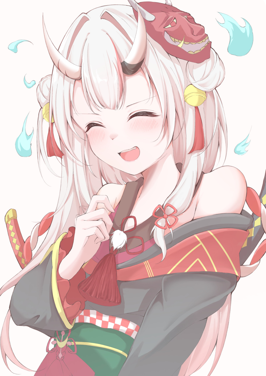 1girl absurdres bell black_kimono blush closed_eyes double_bun grey_hair hair_bell hair_bun hair_ornament highres hololive horns japanese_clothes jingle_bell kimono long_hair mask mask_on_head multicolored_hair nakiri_ayame nakiri_ayame_(1st_costume) oni oni_horns oni_mask open_mouth peko_nyan red_hair red_kimono sleeveless sleeveless_kimono smile solo streaked_hair sword sword_on_back virtual_youtuber weapon weapon_on_back