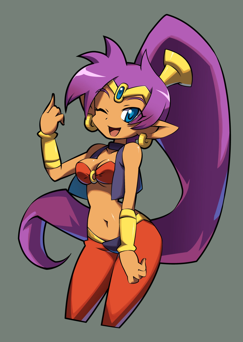 2022 absurd_res blue_eyes breasts cleavage clothed clothing ear_piercing ear_ring female genie hair hi_res humanoid humanoid_pointy_ears long_hair looking_at_viewer navel niyuyu not_furry one_eye_closed open_mouth open_smile piercing ponytail purple_hair ring_piercing shantae shantae_(series) simple_background smile solo tan_body tan_skin topwear vest wayforward wink