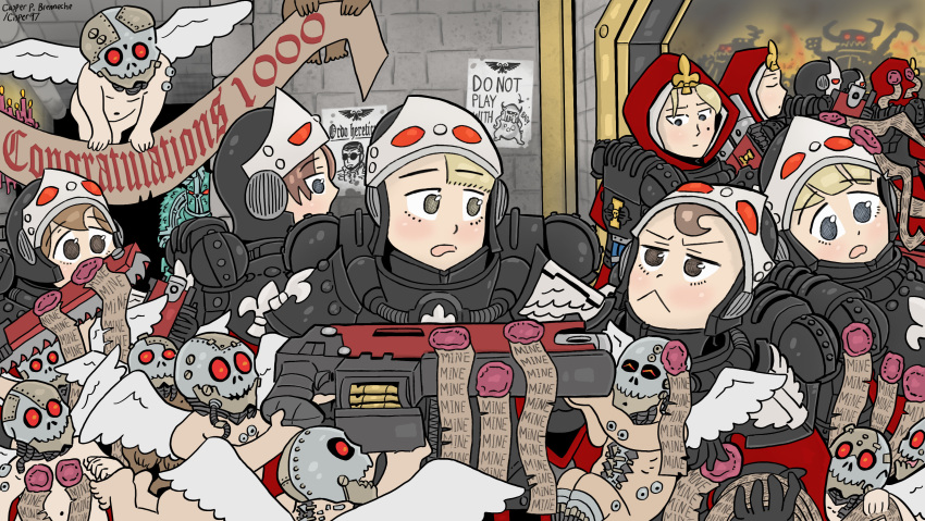 6+girls absurdres adepta_sororitas bolter casper_brenneche character_request cherub english_commentary english_text froggy_nun_(diva) gun highres little_nuns_(diva) milestone_celebration multiple_girls power_armor purity_seal strict_nun_(diva) warhammer_40k weapon