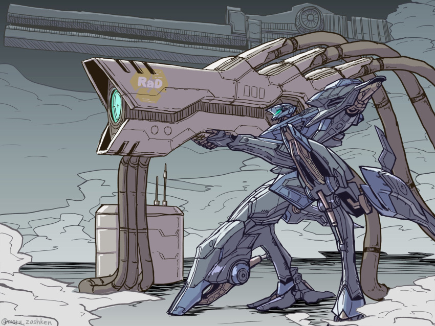 armored_core armored_core_6 cable full_body highres holding_telescope kneeling mecha mecha_focus mechanical_parts meru77464787 no_humans railgun robot science_fiction solo steam steel_haze telescope v.iv_rusty