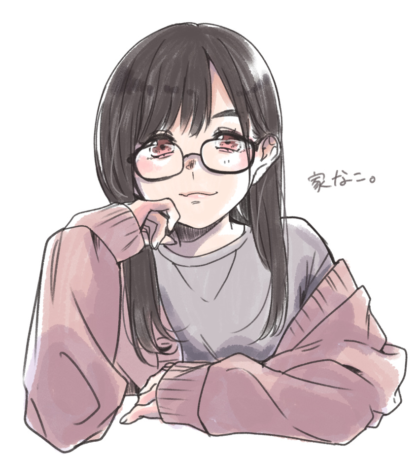 1girl black_hair brown_eyes cardigan closed_mouth commentary_request cropped_torso glasses grey_shirt head_rest highres kashikaze long_hair long_sleeves looking_at_viewer misaki_nako open_cardigan open_clothes pink_cardigan real_life shirt simple_background single_off_shoulder sleeves_past_wrists solo translation_request upper_body voice_actor white_background