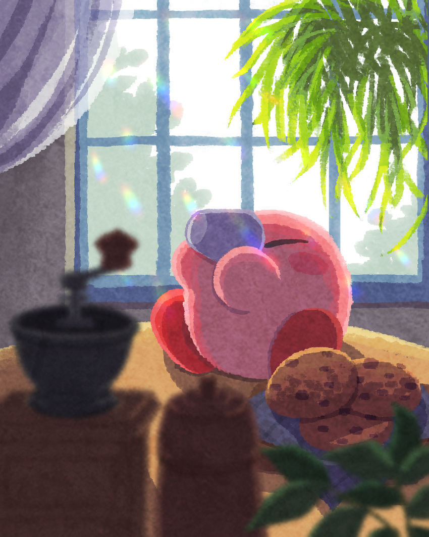 blush_stickers chocolate_chip_cookie coffee coffee_grinder cookie cup curtains drinking food highres indoors kirby kirby_(series) miclot no_humans pink_footwear plant scenery shoes sitting window windowsill