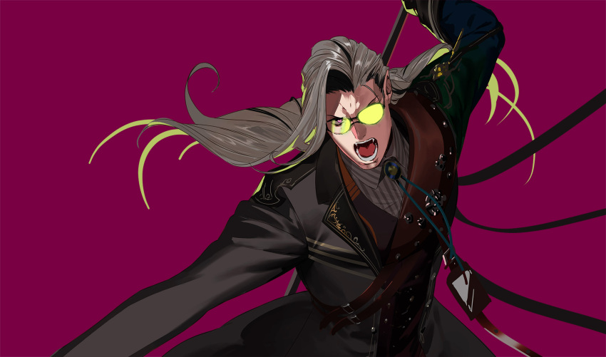 1boy black_coat coat fangs glasses grey_hair highres holding holding_polearm holding_weapon holostars holostars_english long_hair male_focus noir_vesper opaque_glasses open_mouth pako_(pakosun) partially_opaque_glasses pointy_ears polearm purple_background purple_eyes shirt striped striped_shirt virtual_youtuber weapon