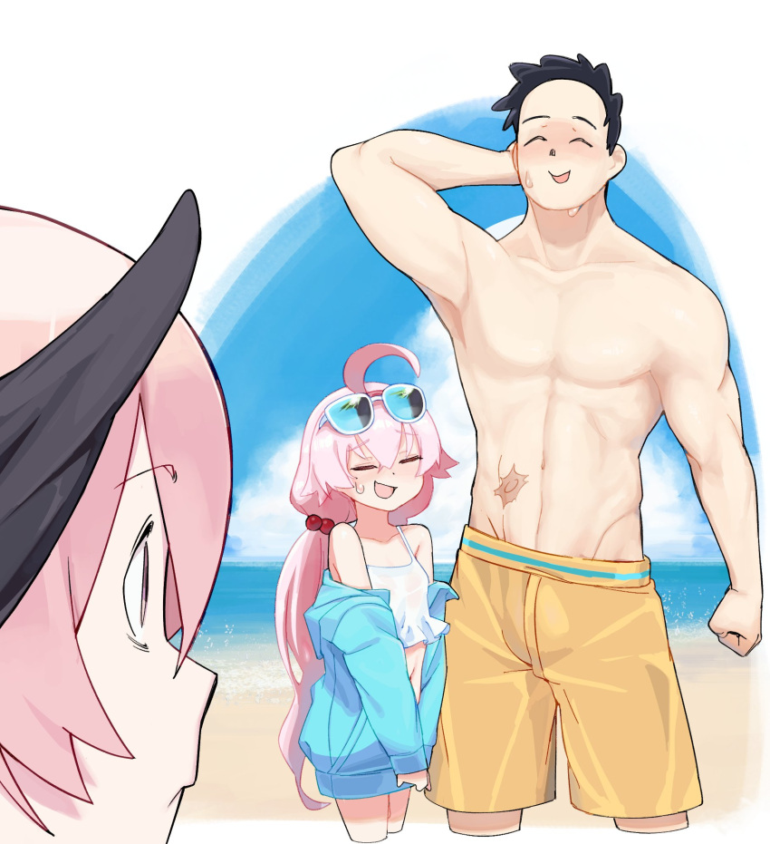 1boy 2girls aqua_jacket arona's_sensei_doodle_(blue_archive) beach bikini black_hair blue_archive clenched_hand closed_eyes day english_commentary eyewear_on_head hair_bobbles hair_ornament head_wings highres hoshino_(blue_archive) hoshino_(swimsuit)_(blue_archive) jacket koharu_(blue_archive) long_hair long_sleeves low_twintails male_swimwear multiple_girls off_shoulder open_clothes open_jacket open_mouth outdoors pink_eyes pink_hair scar sensei_(blue_archive) snorkel14 sunglasses sweat swim_trunks swimsuit twintails white_bikini wings