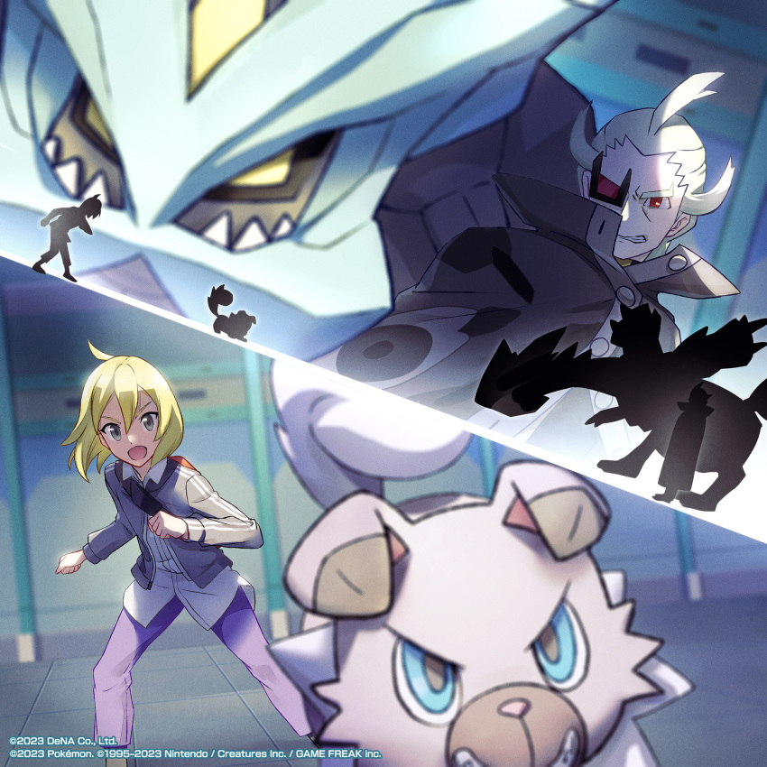 2boys ahoge backpack bag blonde_hair buttons clenched_teeth cloak collared_shirt commentary ghetsis_(pokemon) green_hair grey_eyes grey_jacket highres indoors jacket kyurem liran_(iro) male_focus multiple_boys multiple_views official_art open_mouth pants paulo_(pokemon) pokemon pokemon_(creature) pokemon_(game) pokemon_bw2 pokemon_masters_ex purple_pants red_eyes rockruff shirt silhouette standing teeth tile_floor tiles watermark