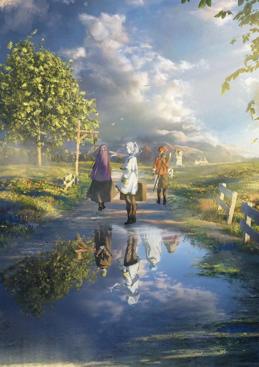 2girls 4boys absurdres arms_behind_back axe battle_axe black_coat blue_tunic boots building butterfly_hair_ornament cape capelet cloak cloud coat dress dwarf eisen_(sousou_no_frieren) elf fake_horns fern_(sousou_no_frieren) frieren from_behind grass green_eyes gyoukan_(jfxc) hair_ornament heiter helmet highres himmel_(sousou_no_frieren) horned_helmet horns long_coat long_hair looking_back mountainous_horizon multiple_boys multiple_girls pantyhose pointy_ears purple_hair red_coat reflection road sky sousou_no_frieren stark_(sousou_no_frieren) straight_hair tree twintails walking water weapon weapon_behind_back white_cape white_capelet white_cloak white_dress white_hair