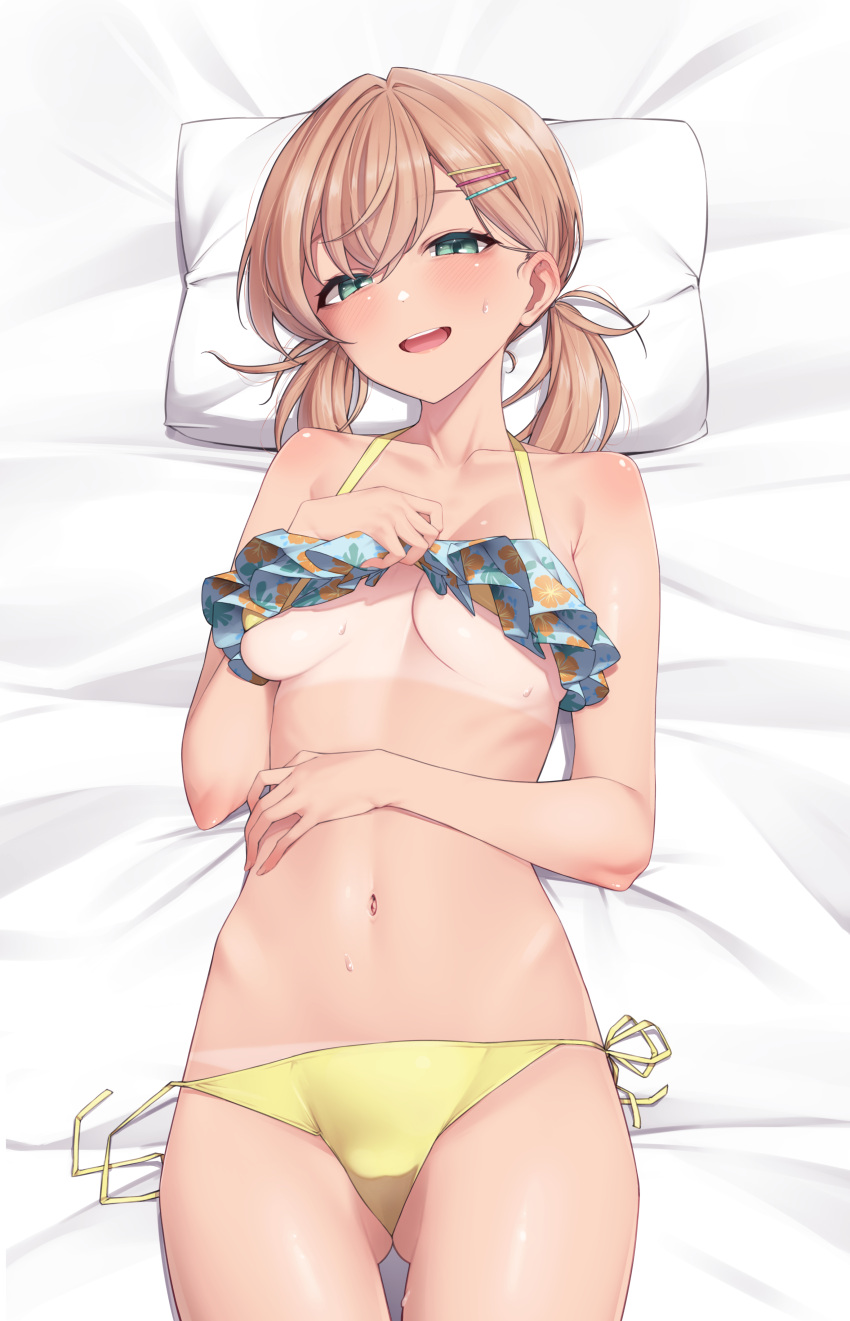 1girl absurdres aqua_eyes ass_visible_through_thighs bed_sheet bikini breasts brown_hair collarbone hair_ornament hairclip highres hinoshita_kaho link!_like!_love_live! love_live! lying medium_breasts nasuno_(nasuno42) navel on_back open_mouth pillow short_hair short_twintails side-tie_bikini_bottom smile solo stomach sweat swimsuit tan tanlines twintails underboob yellow_bikini