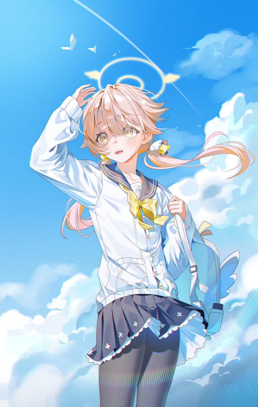 1girl absurdres bag black_pantyhose black_sailor_collar black_skirt blue_archive cardigan cloud cloudy_sky gyum_(myyyyyon) halo hifumi_(blue_archive) highres holding holding_bag light_brown_hair long_hair long_sleeves low_twintails pantyhose pleated_skirt sailor_collar skirt sky solo twintails white_cardigan yellow_eyes yellow_halo