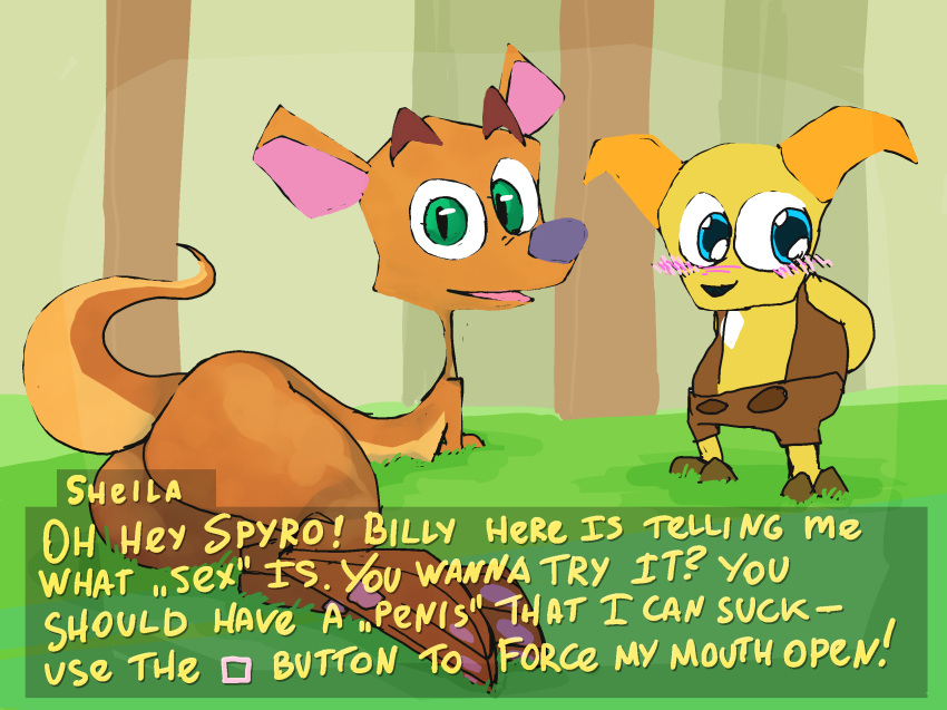 activision anthro big_butt billy_(spyro) blush bovid butt caprine dialogue duo english_text female feral gameplay_mechanics goat hi_res kangaroo macropod male mammal marsupial orange_body roksim sheila_(spyro) speech_bubble spyro_the_dragon tail text wide_hips yellow_body