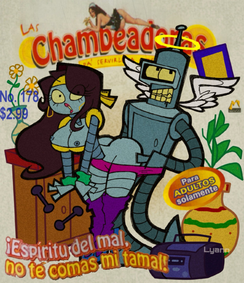 bender_bending_rodr&iacute;guez breasts comedy_central duo fan_character feathered_wings feathers female flower futurama hi_res humanoid las_chambeadoras lips lyannmomoiro machine male male/female mexico nipples not_furry plant radio robot sex_from_behind wings