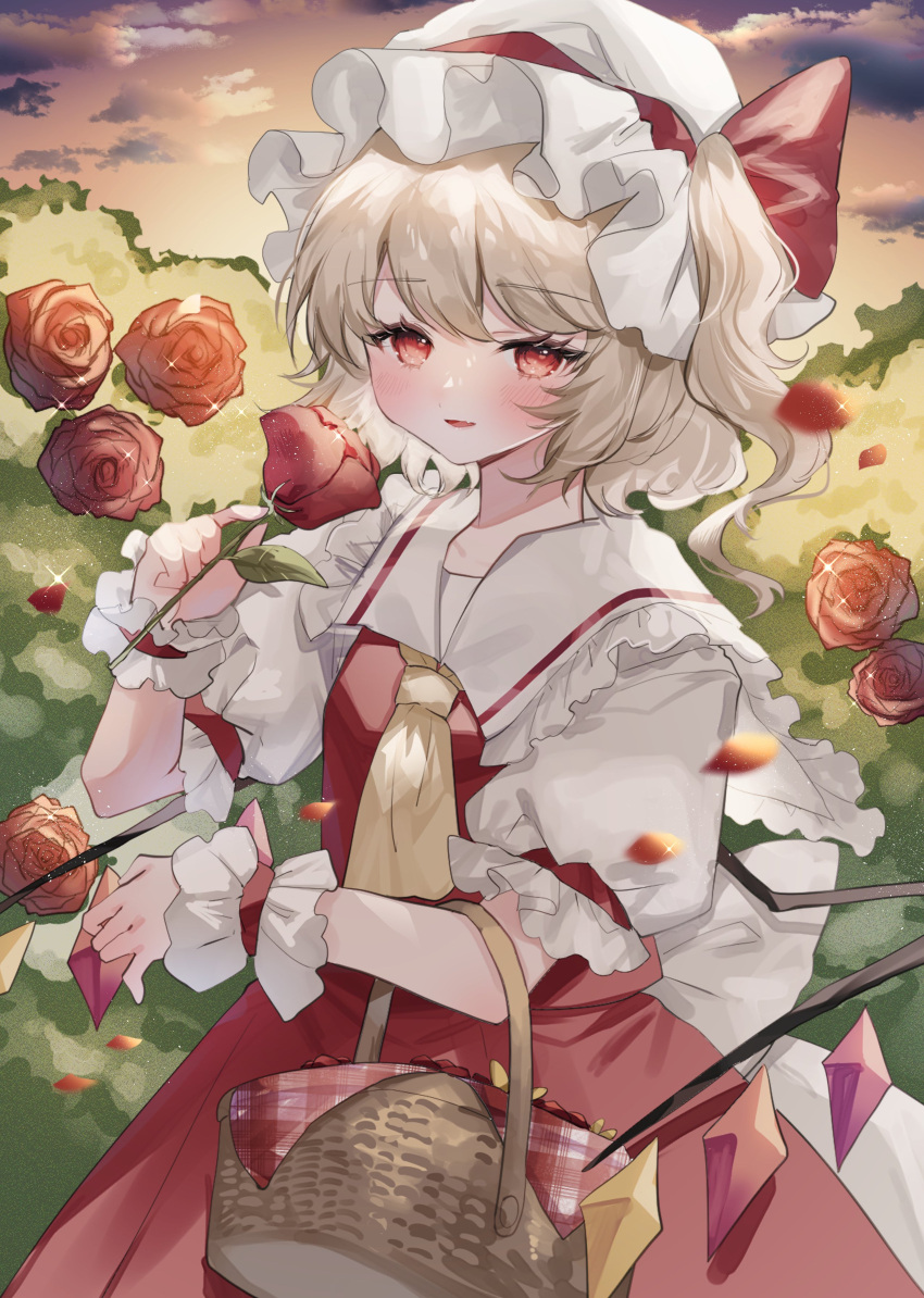 1girl absurdres ascot basket cloud commentary_request cowboy_shot crystal flandre_scarlet flower hand_up hat hat_ribbon highres holding holding_flower long_hair looking_at_viewer mob_cap one_side_up open_mouth outdoors petals puffy_short_sleeves puffy_sleeves red_eyes red_flower red_ribbon red_rose red_skirt red_vest ribbon rose shirt short_sleeves skirt smile solo sorani_(kaeru0768) touhou vest white_headwear white_shirt wings wrist_cuffs yellow_ascot