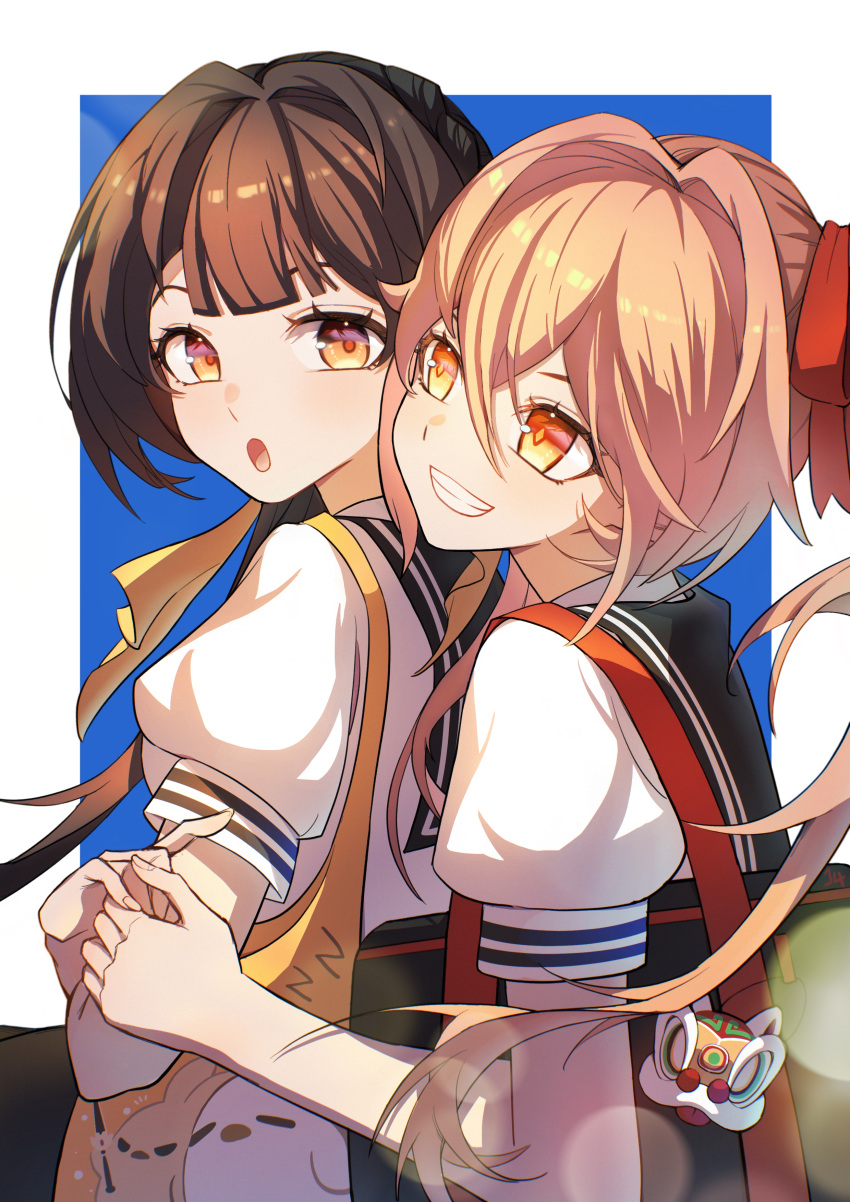 2girls :d :o absurdres alternate_costume bag brown_hair dannybing diting_(honkai:_star_rail) grin guinaifen_(honkai:_star_rail) highres holding_hands honkai:_star_rail honkai_(series) long_hair looking_at_another multiple_girls orange_eyes red_ribbon ribbon school_uniform shoulder_bag side_ponytail smile sushang_(honkai:_star_rail)