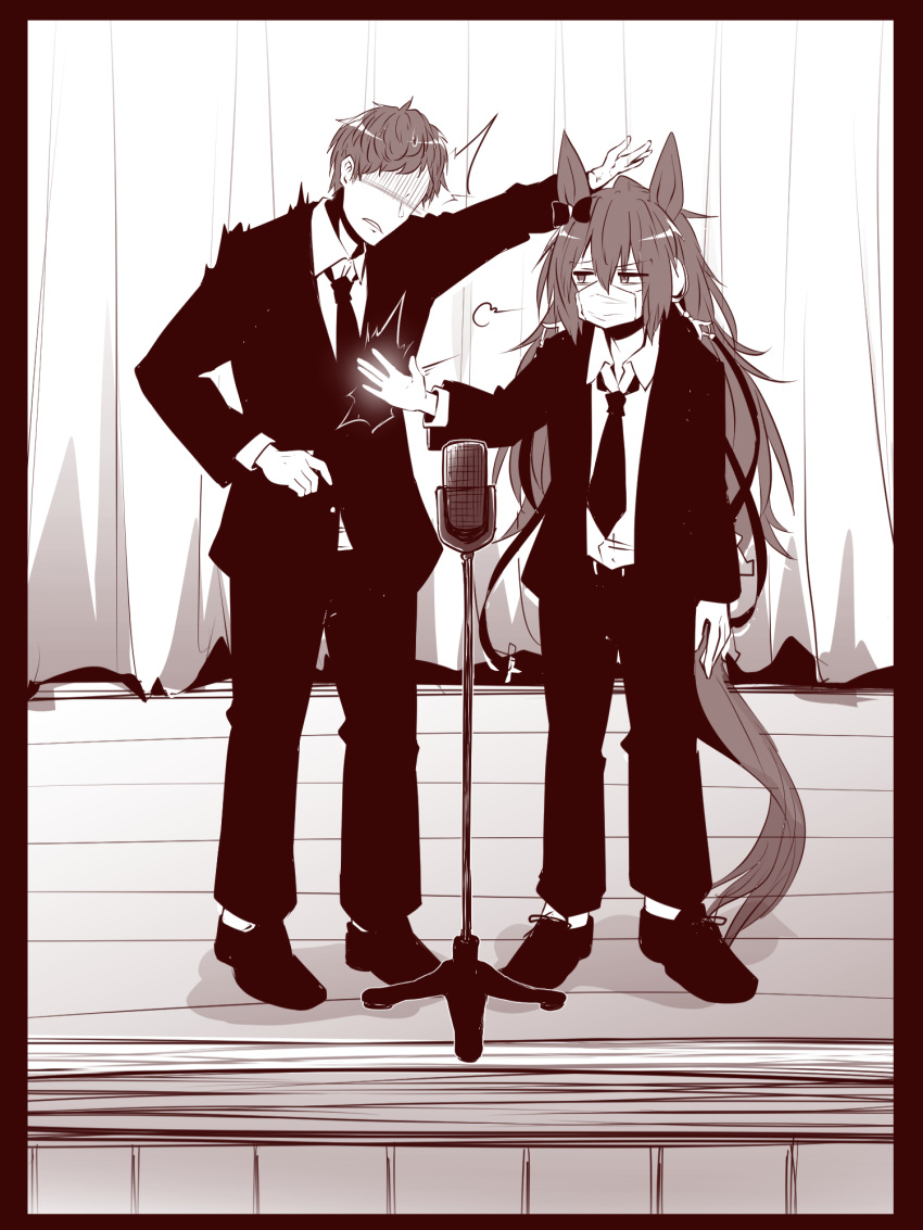 1boy 1girl ^^^ animal_ears black_border border commentary dress_shoes ear_bow hair_between_eyes highres horse_ears horse_girl horse_tail ikezoe_ken'ichi jacket long_hair manzai mask messy_hair microphone microphone_stand mouth_mask necktie netkeibatv open_clothes open_jacket orfevre_(umamusume) pants scene_reference sepia shaded-face short_hair slapping stage stage_curtains suit tail trembling umamusume visible_air yonedatomo_mizu