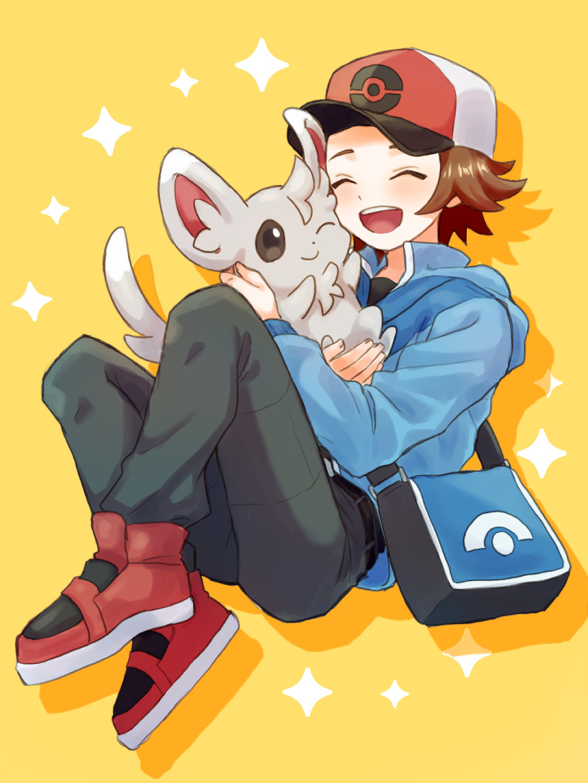 1boy :d bag black_shirt blue_jacket blush brown_hair closed_eyes commentary_request grey_pants hat highres hilbert_(pokemon) holding holding_pokemon jacket long_sleeves male_focus messenger_bag minccino mochi_(mocchi_p_2m) open_mouth pants poke_ball_print pokemon pokemon_(creature) pokemon_(game) pokemon_bw red_footwear red_headwear shirt shoes short_hair shoulder_bag smile sparkle teeth upper_teeth_only yellow_background