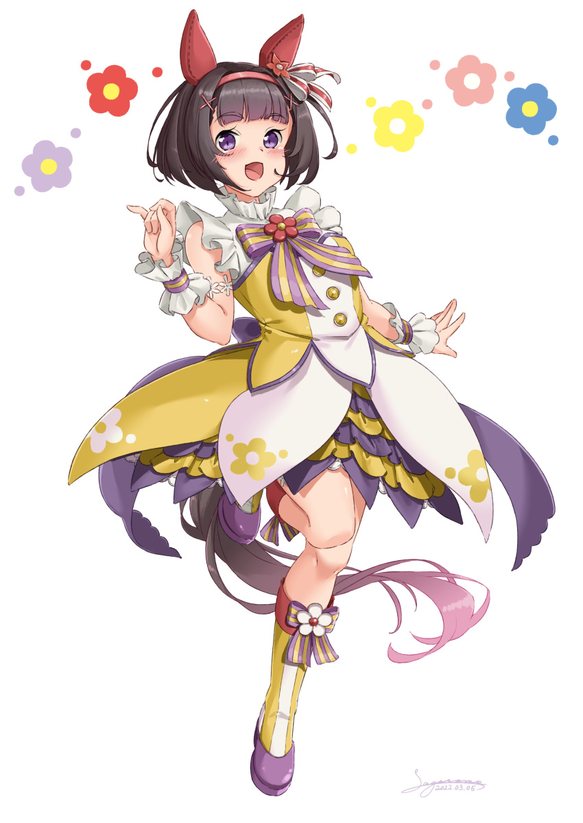 1girl :d absurdres animal_ears ankle_boots black_hair blunt_bangs bob_cut boots dated dress ear_covers full_body hair_ornament hairband highres horse_ears horse_girl horse_tail leg_up nishino_flower_(umamusume) pink_hairband purple_eyes sagoromo_04 short_hair signature sleeveless sleeveless_dress smile solo tail umamusume x_hair_ornament yellow_footwear