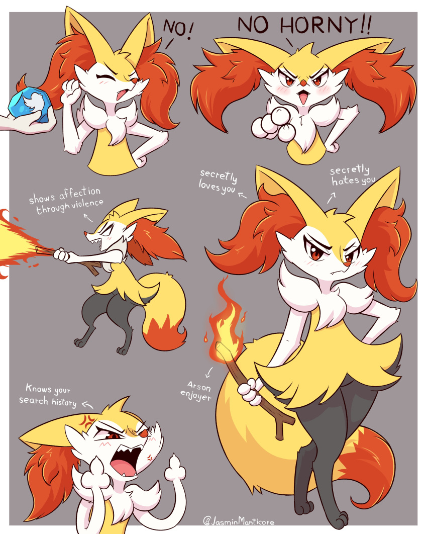 absurd_res ambiguous_gender angry anthro blush border braixen caption cross-popping_vein displeased english_text evolution_stone fire generation_6_pokemon gesture grey_background hi_res jasminthemanticore middle_finger nintendo pointing pointing_at_viewer pokemon pokemon_(species) refusing simple_background solo stick text twitter white_border