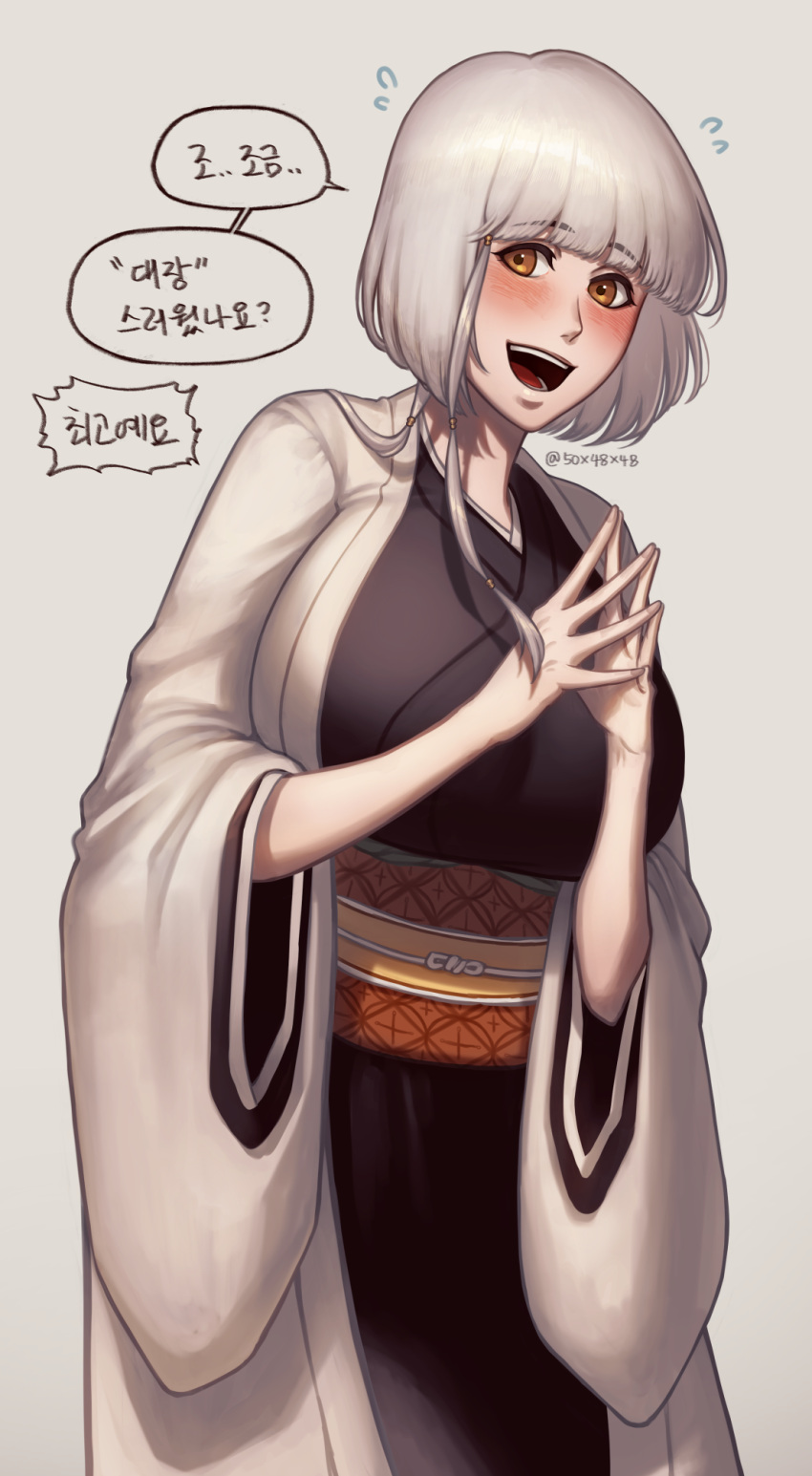 50x48x48 :d black_kimono bleach blush breasts brown_eyes embarrassed grey_background grey_hair haori highres japanese_clothes kimono kotetsu_isane large_breasts looking_at_viewer shinigami short_hair short_hair_with_long_locks smile speech_bubble sweatdrop taichou_haori translation_request twitter_username