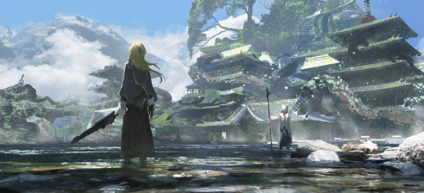 2girls abandoned architecture asteroid_ill bird_wings black_hakama blonde_hair blue_sky bow building city cloud cornea_(asteroid_ill) dress east_asian_architecture fox_mask hair_bow hakama highres holding holding_polearm holding_sword holding_weapon hood hood_up japanese_clothes landscape lantern long_sleeves looking_at_another mask miko moss mountain multiple_girls nature original outdoors overgrown pagoda paper_lantern polearm post-apocalypse prosthetic_hand purple_dress purple_shawl ruins scenery shadow shawl shoes side_ponytail sky spear standing sunlight sword tower tree weapon wings