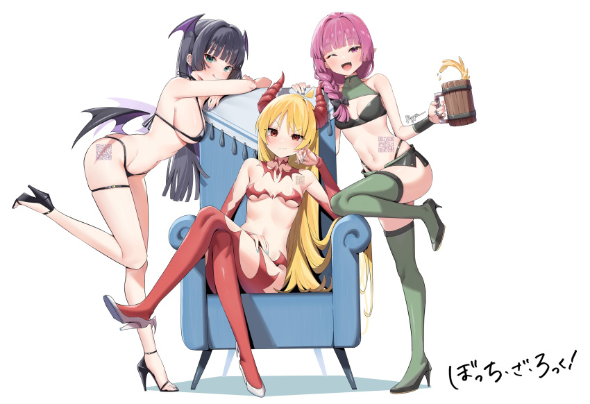 3girls ;d absurdres alcohol alternate_costume bikini black_bikini black_footwear black_hair blonde_hair bocchi_the_rock! breasts chen_yang_yang cleavage_cutout clothing_cutout couch crossed_legs cup full_body green_eyes green_thighhighs head_wings highres hiroi_kikuri holding holding_cup ijichi_seika low_wings medium_breasts multiple_girls on_couch one_eye_closed open_mouth pa-san qr_code red_eyes red_hair red_thighhighs simple_background sitting small_breasts smile standing standing_on_one_leg swimsuit thighhighs white_background white_footwear wings