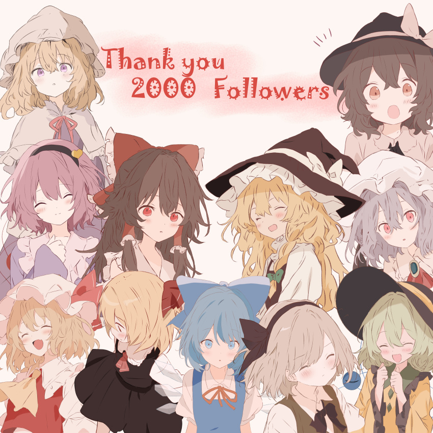 6+girls :o ^_^ absurdres annotation_request ascot black_dress black_hair black_hairband black_headwear blonde_hair blue_dress blue_eyes blush bow capelet cirno closed_eyes collage dress flandre_scarlet frilled_bow frilled_hair_tubes frills green_eyes grey_hair hair_bow hair_tubes hairband hakurei_reimu hat highres iris-san kirisame_marisa komeiji_koishi komeiji_satori konpaku_youmu looking_at_viewer looking_down maribel_hearn milestone_celebration mob_cap multiple_girls notice_lines partially_annotated pinafore_dress purple_hair remilia_scarlet rumia shirt simple_background sleeveless sleeveless_dress smile thank_you third_eye touhou usami_renko white_background white_capelet witch_hat yellow_ascot yellow_shirt